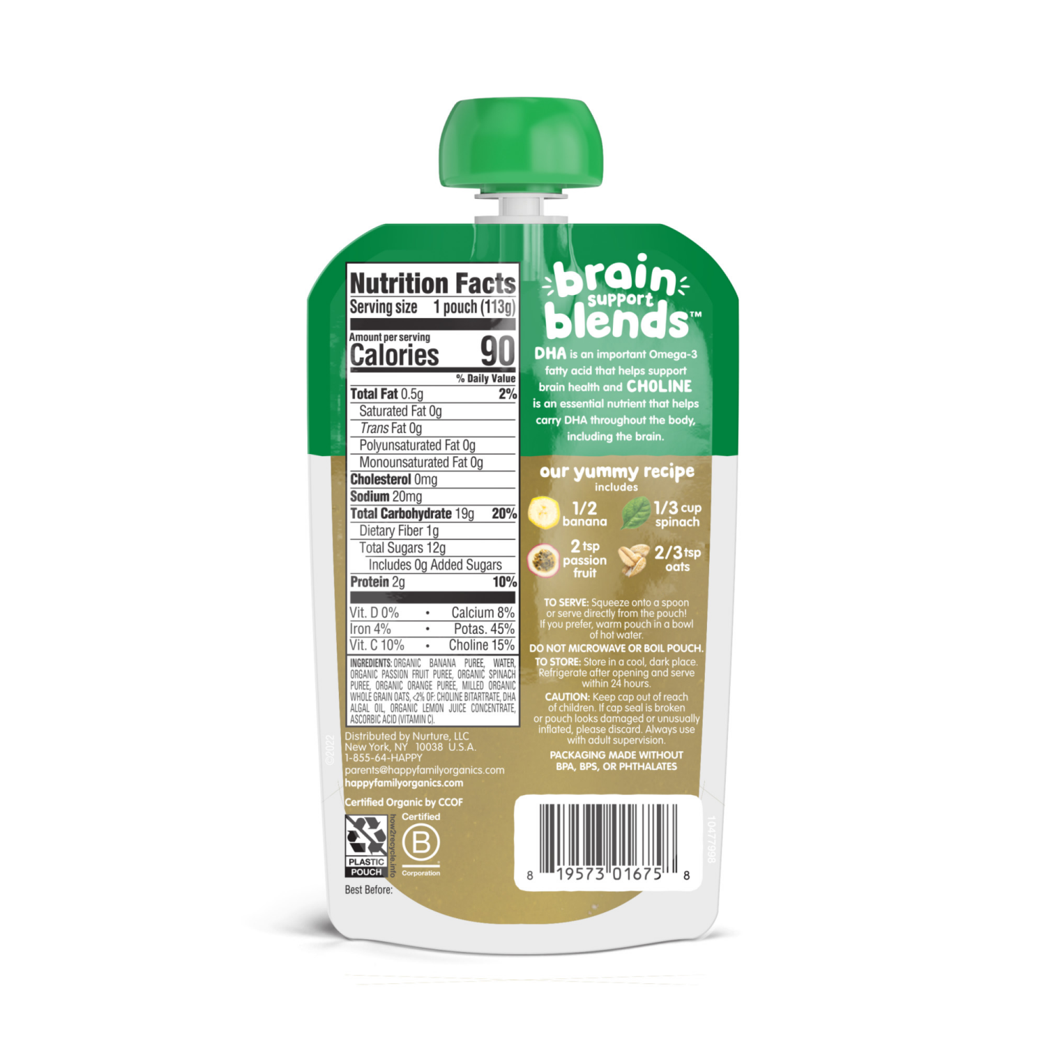 slide 6 of 7, Happy Baby Brain Support Blends, Organic Stage 2 Baby Food with DHA & Choline, Bananas, Spinach, Passion Fruit & Oats, 4 oz. Pouch, 4 oz