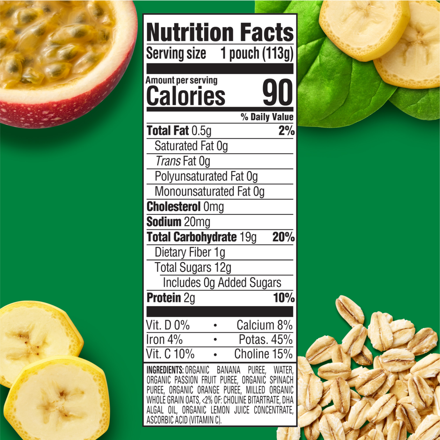 slide 7 of 7, Happy Baby Brain Support Blends, Organic Stage 2 Baby Food with DHA & Choline, Bananas, Spinach, Passion Fruit & Oats, 4 oz. Pouch, 4 oz