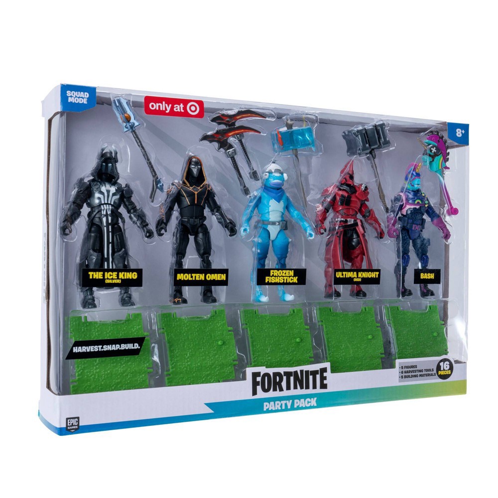 slide 9 of 9, Fortnite Party Pk, 4in Figures including Bash, Ultima Knight (Red), Frozen Fishstick, Molten Omen, Ice King (Silver) (Target Exclusive), 1 ct