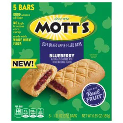 Mott's Soft Baked Apple Filled Bars, Blueberry Flavor Snacks, Made with Real Fruit, 5 ct, 6.55 oz