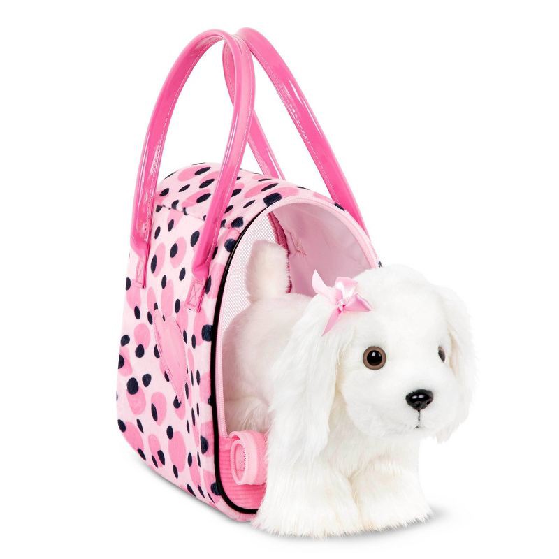 slide 4 of 5, Pucci Pups Pink & Black Spot Print Glam Bag with Maltese Stuffed Animal, 1 ct