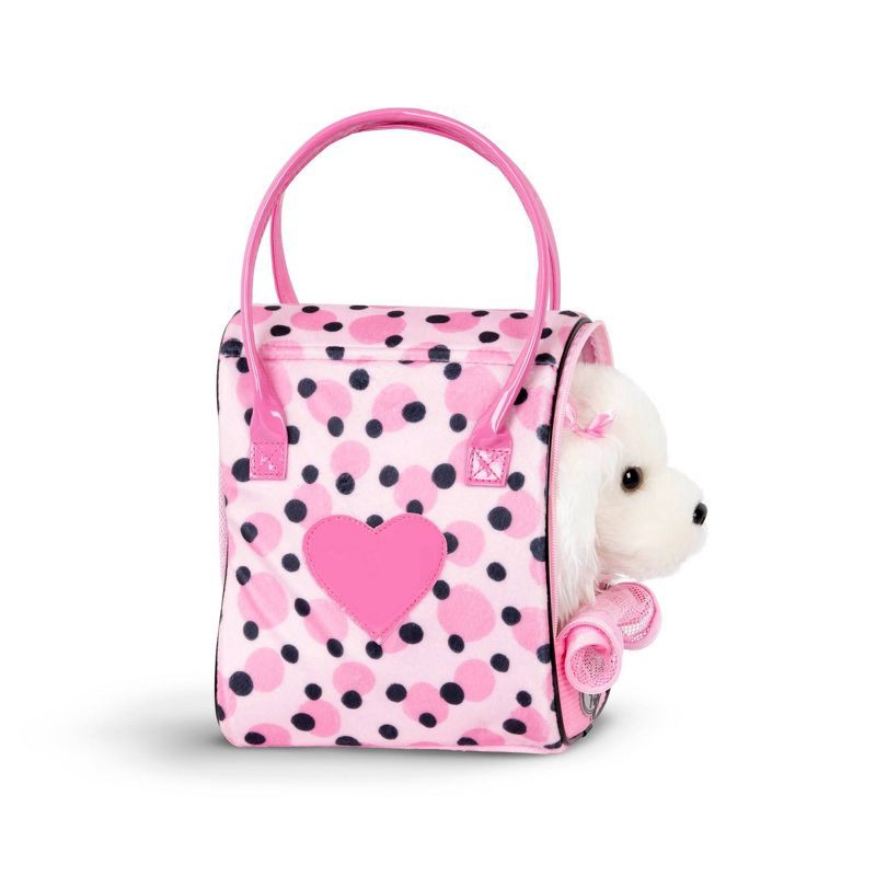 slide 5 of 5, Pucci Pups Pink & Black Spot Print Glam Bag with Maltese Stuffed Animal, 1 ct