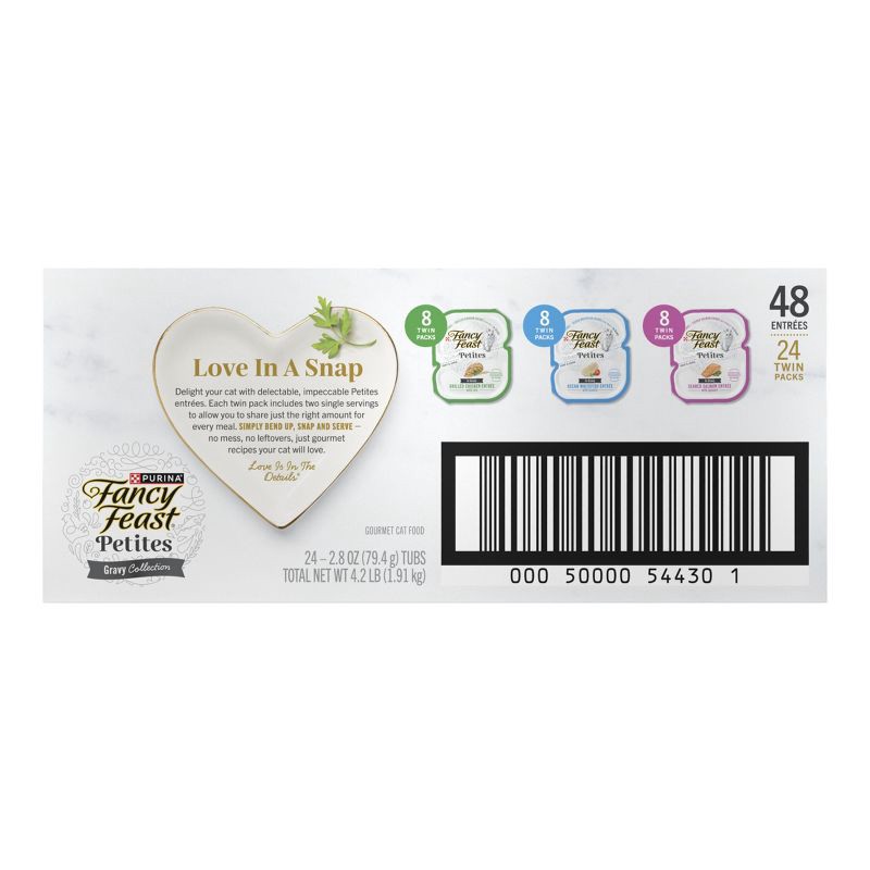 slide 2 of 10, Purina Fancy Feast Petites Gourmet Collection Variety Pack Chicken, Salmon, Seafood and Fish Flavor Gravy Wet Cat Food - 2.8oz/48ct, 2.8 oz, 48 ct