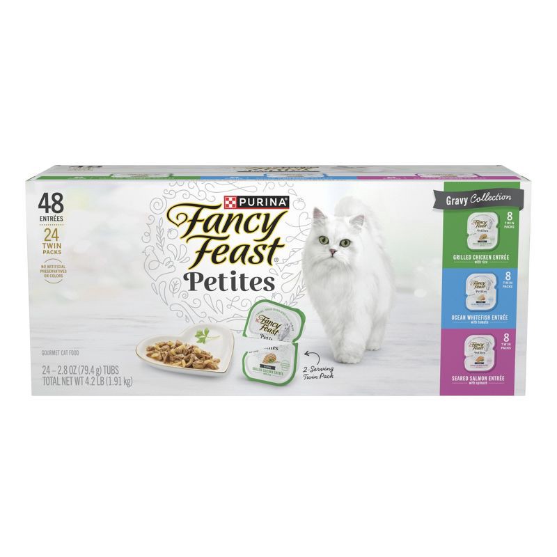 slide 1 of 10, Purina Fancy Feast Petites Gourmet Collection Variety Pack Chicken, Salmon, Seafood and Fish Flavor Gravy Wet Cat Food - 2.8oz/48ct, 2.8 oz, 48 ct