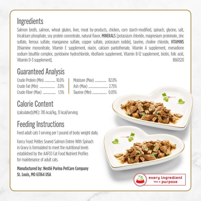 slide 6 of 11, Fancy Feast Petites Seared Salmon, Fish & Seafood Flavor with Spinach in Gravy Wet Cat Food - 2.8oz, 2.8 oz