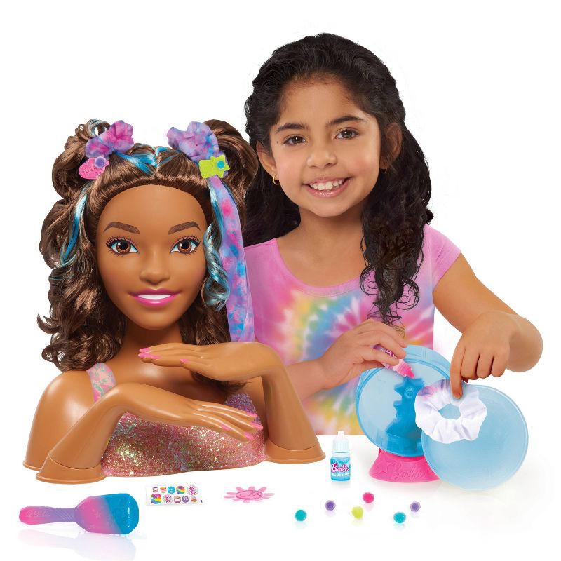 slide 1 of 1, Barbie Tie-Dye Deluxe Styling Head Brunette Hair with Blue Highlights, 1 ct