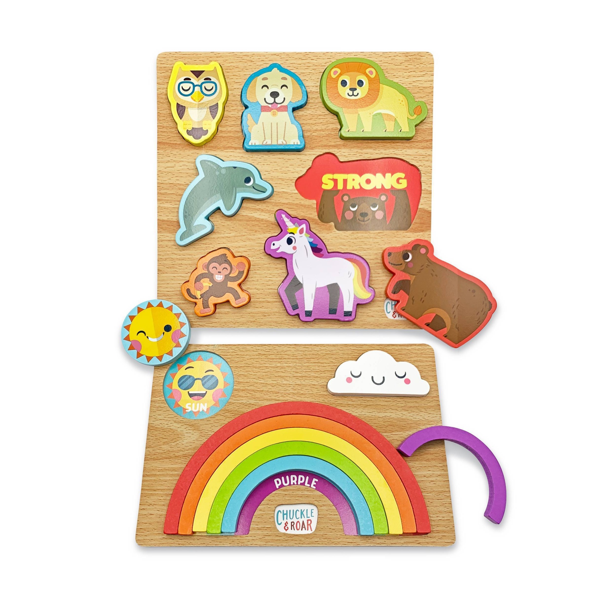 slide 1 of 8, Chuckle & Roar Rainbow & Animals Wooden Kids' Puzzle Set - 2pk, 2 ct