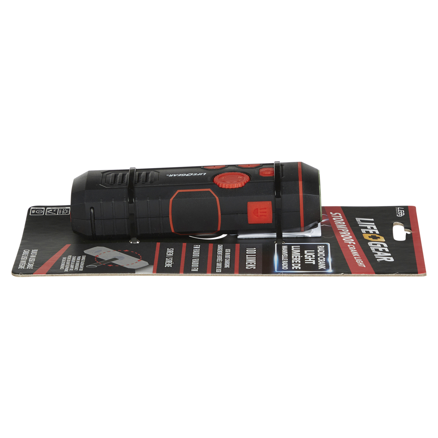 slide 3 of 5, Life+Gear Stormproof Crank LED Flashlight with FM Radio/USB Port - Black/Red, 1 ct