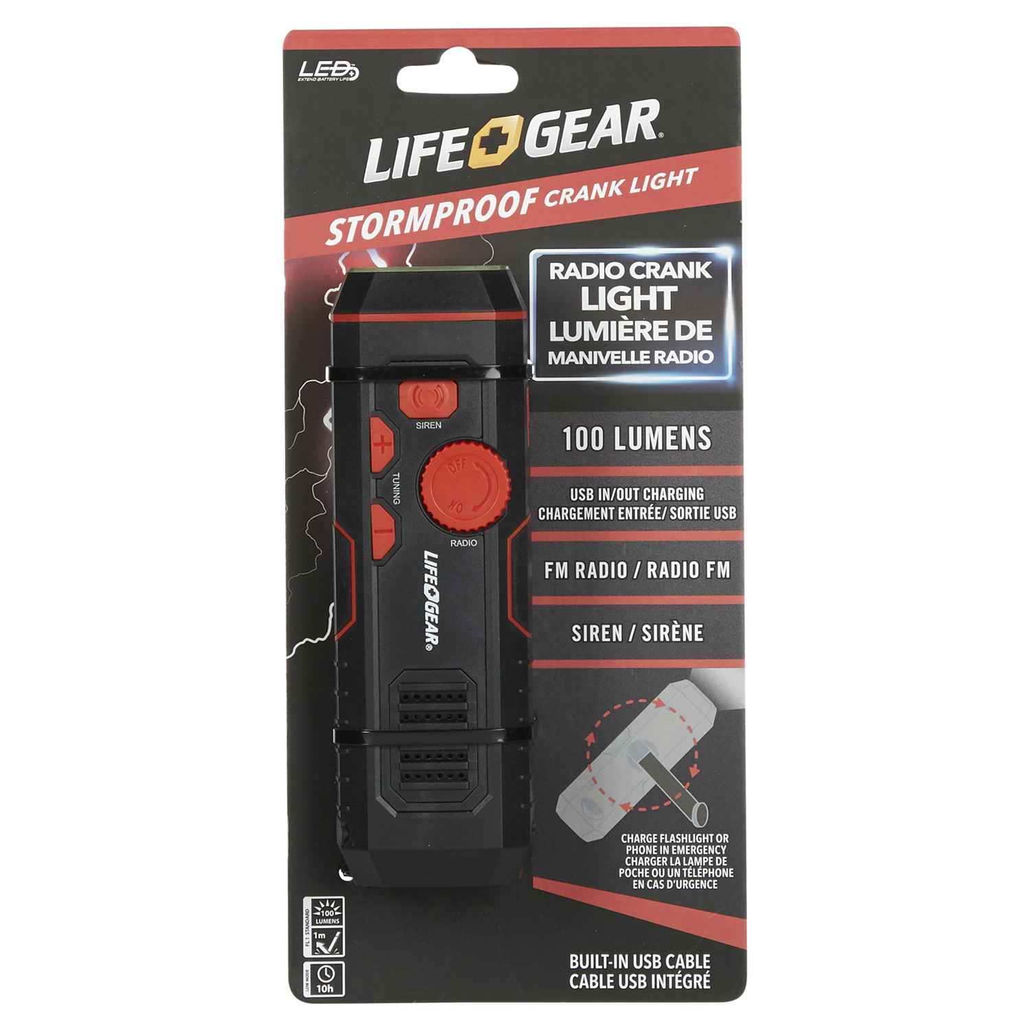 slide 1 of 5, Life+Gear Stormproof Crank LED Flashlight with FM Radio/USB Port - Black/Red, 1 ct