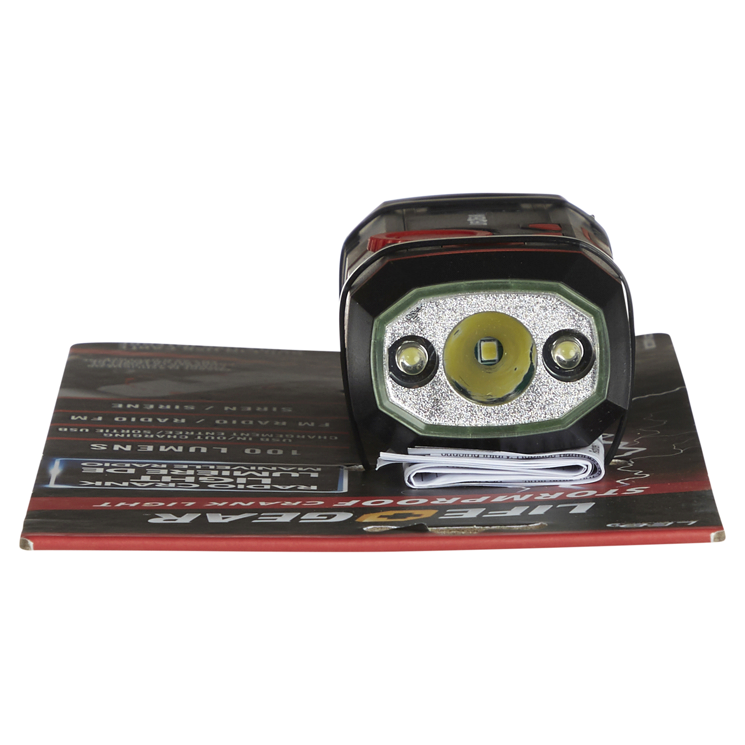 slide 5 of 5, Life+Gear Stormproof Crank LED Flashlight with FM Radio/USB Port - Black/Red, 1 ct