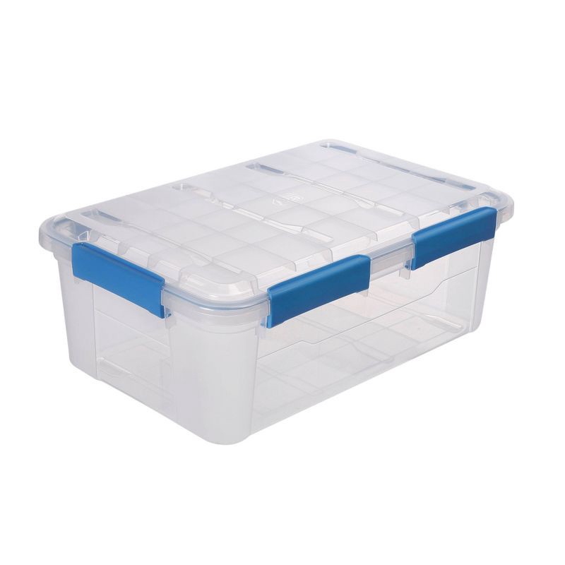 slide 1 of 4, Ezy Storage 33.8qt IP67 Waterproof Storage Box: Stackable Clear Utility Bin, Polypropylene, 22.8"x15.04"x8.54", 33.8 qt