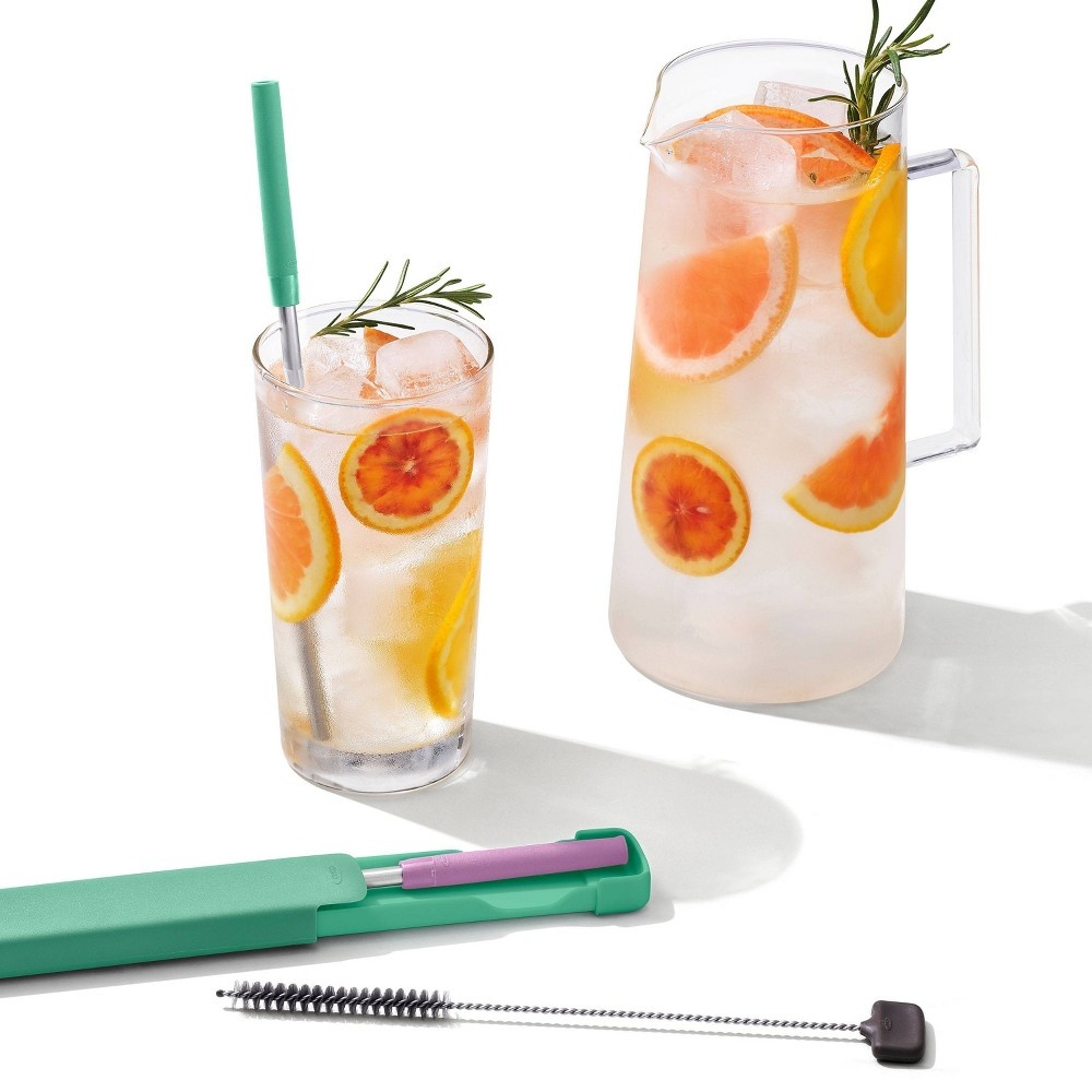 OXO 4pc Reusable Stainless Steel Straws with Brush and Case` Green