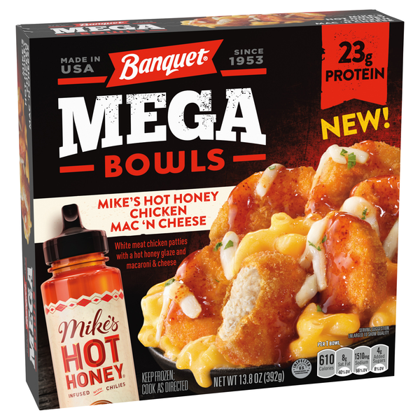slide 1 of 1, Banquet MEGA Bowls Mike's Hot Honey Chicken Mac 'n Cheese, Frozen Meal, 13.85 oz., 13.85 oz