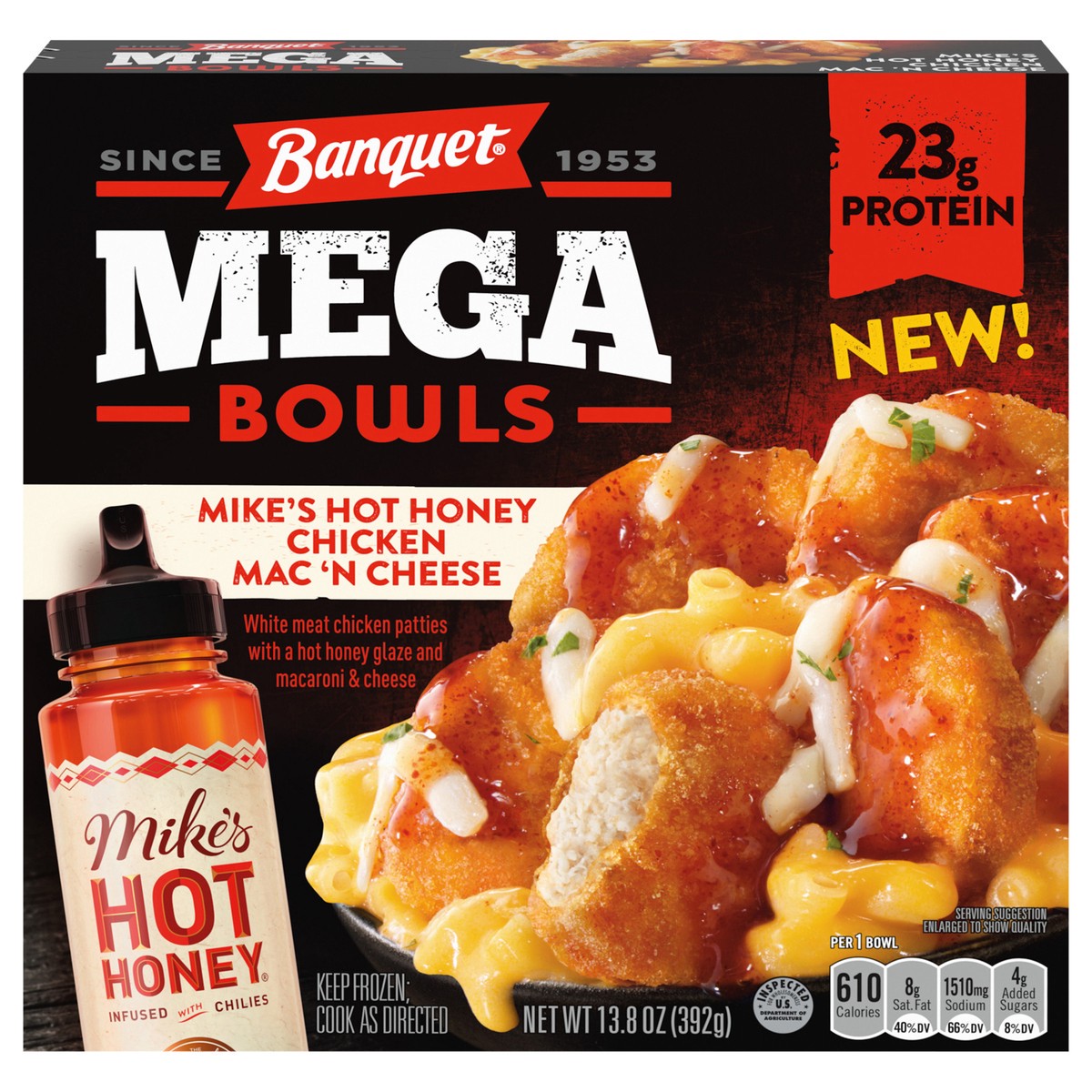 slide 1 of 15, Banquet MEGA Bowls Mike's Hot Honey Chicken Mac 'n Cheese, Frozen Meal, 13.85 oz., 13.8 oz