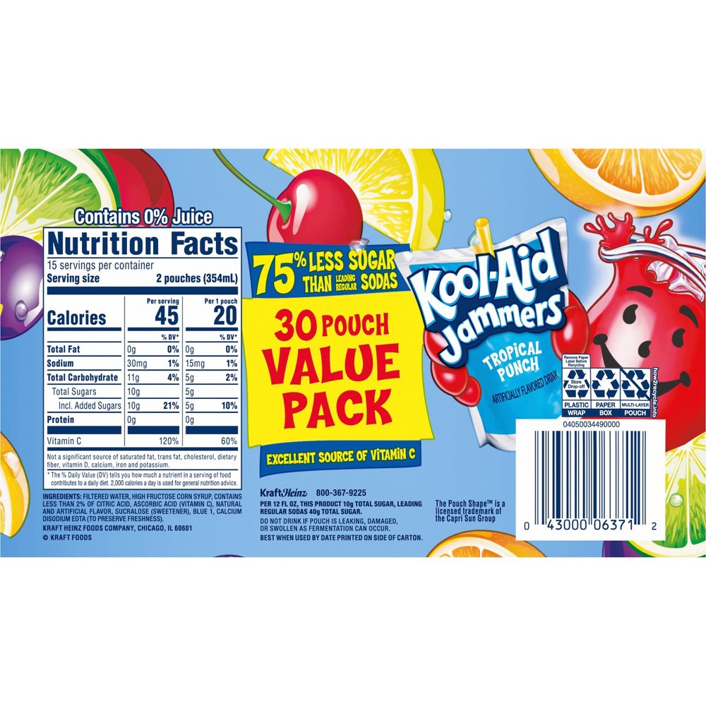 slide 14 of 16, Kool-Aid Jammers Tropical Punch Artificially Flavored Soft Drink Value Pack, 180 fl oz