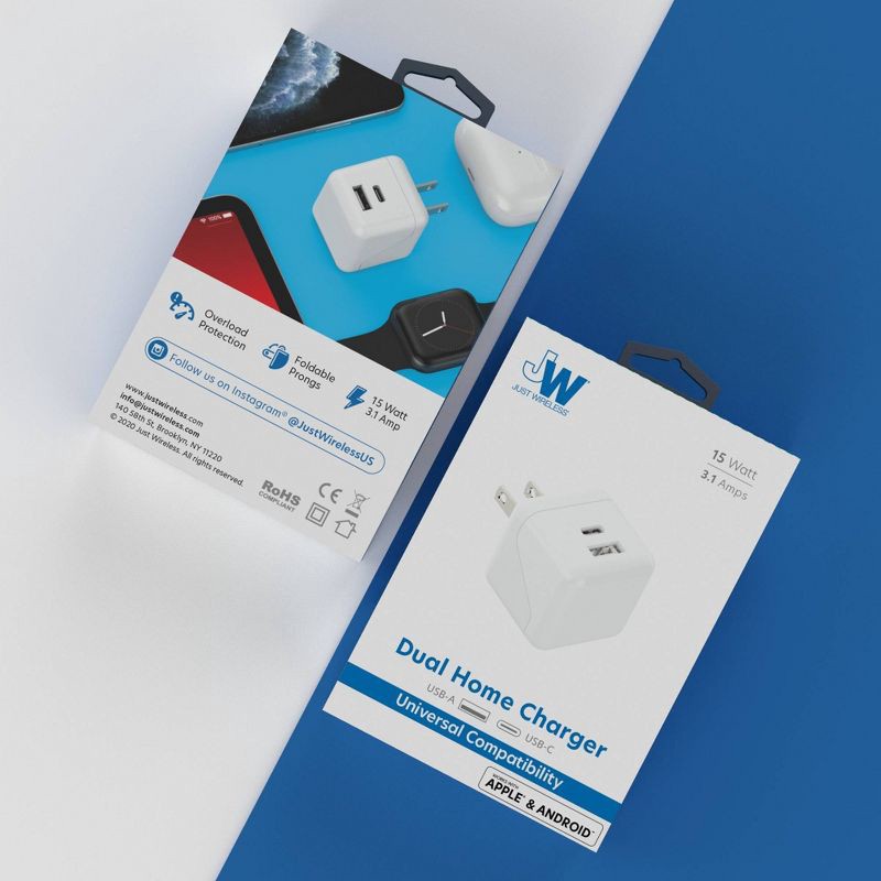 slide 6 of 6, Just Wireless Dual Port USB-A and USB-C Wall Charger - White, 1 ct