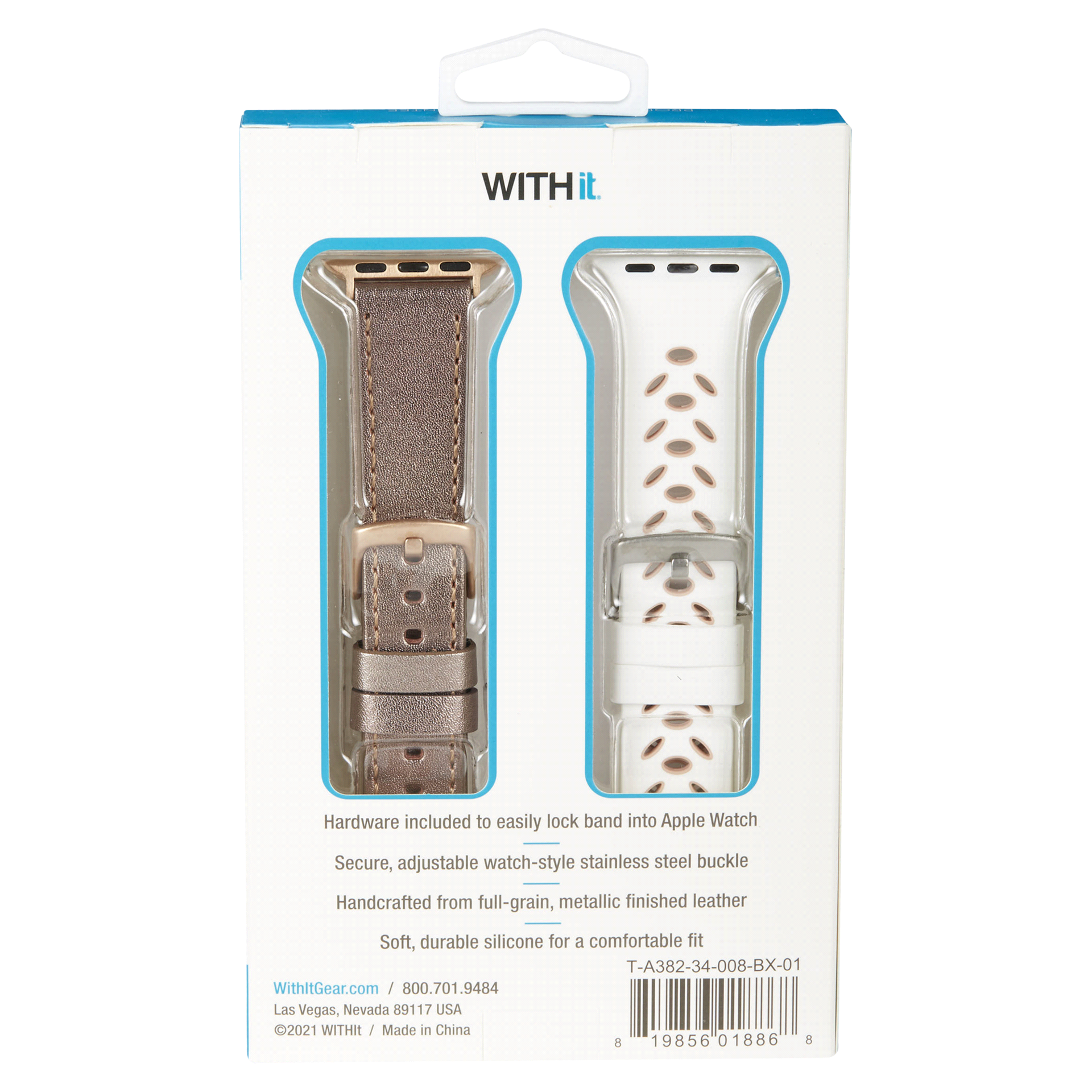 WITHit Designer Bands for 38/40/41mm Apple Watch - 2 Pack in Bronze Leather & Silicone Sport White/Pink