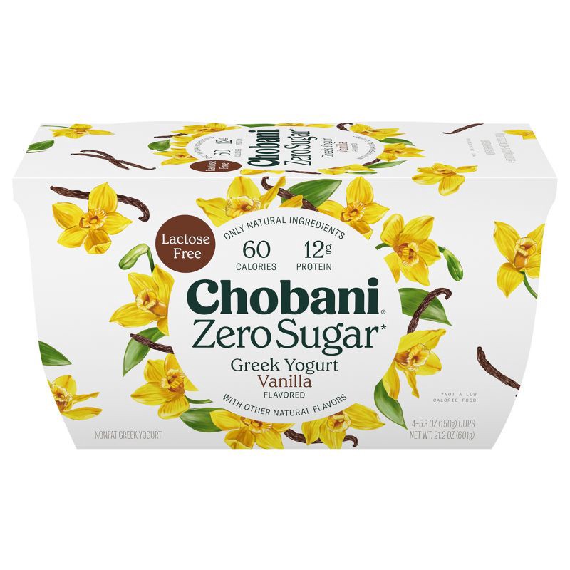 slide 8 of 9, Chobani Zero Sugar Greek Yogurt Vanilla - 12g Protein 5.3oz/4pk, 12 gram, 5.3 oz, 4 ct