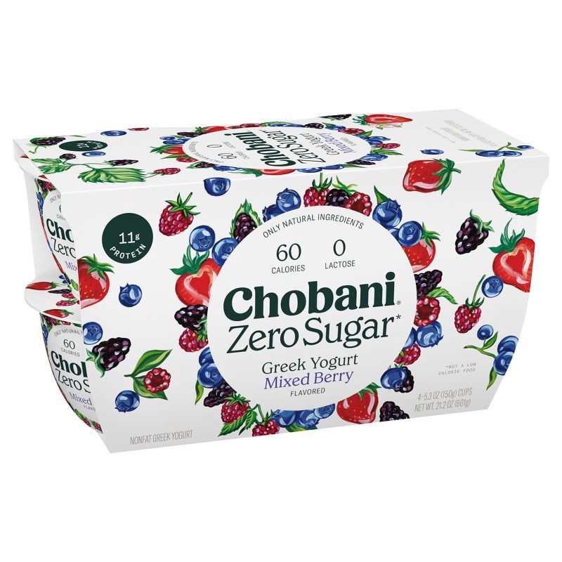 slide 2 of 11, Chobani Zero Sugar Mixed Berry Greek Yogurt - 12g Protein 4ct/5.3oz Cups, 12 gram, 4 ct, 5.3 oz