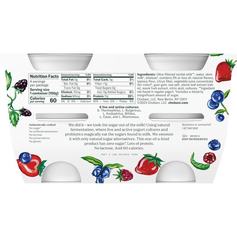 slide 4 of 11, Chobani Zero Sugar Mixed Berry Greek Yogurt - 12g Protein 4ct/5.3oz Cups, 12 gram, 4 ct, 5.3 oz