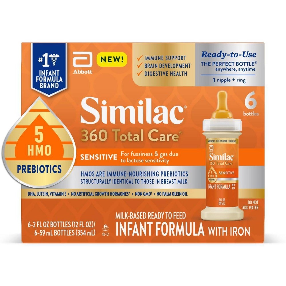 slide 2 of 8, Similac 360 Total Care Sensitive Non-GMO Ready to Feed Infant Formula Bottles Each/, 6 ct; 2 fl oz