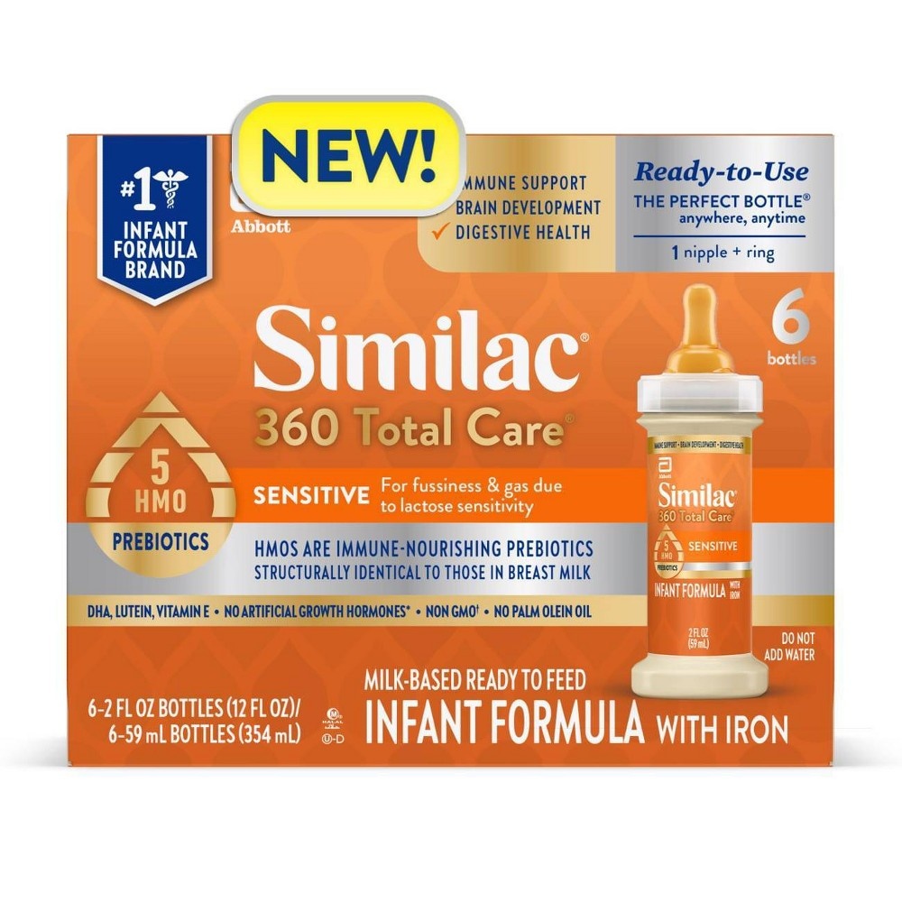 slide 3 of 8, Similac 360 Total Care Sensitive Non-GMO Ready to Feed Infant Formula Bottles Each/, 6 ct; 2 fl oz