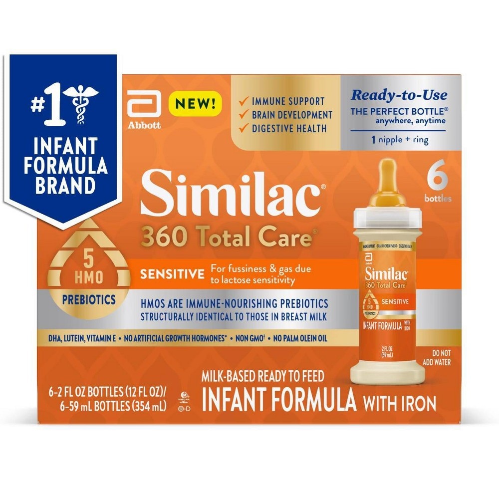 slide 4 of 8, Similac 360 Total Care Sensitive Non-GMO Ready to Feed Infant Formula Bottles Each/, 6 ct; 2 fl oz
