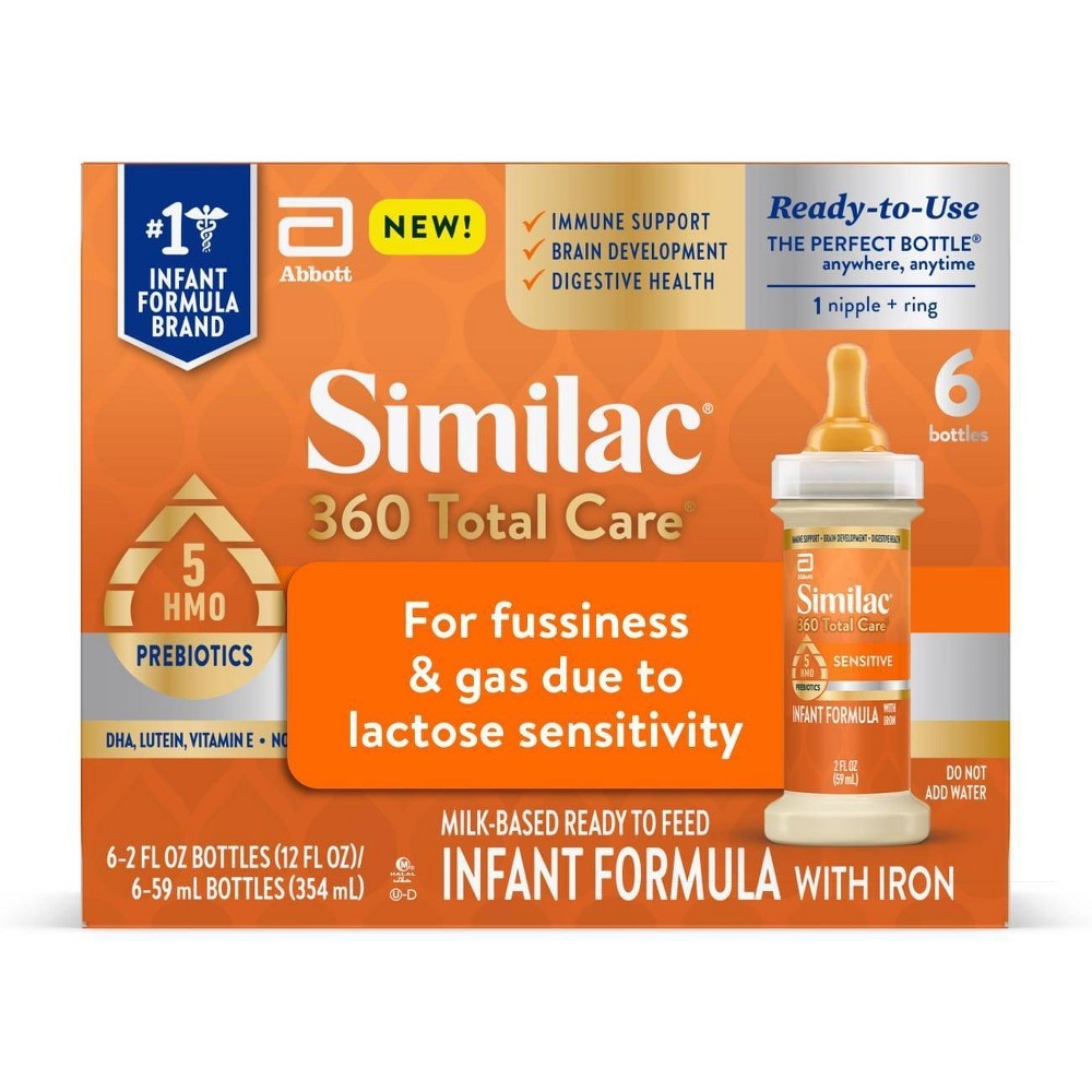 slide 5 of 8, Similac 360 Total Care Sensitive Non-GMO Ready to Feed Infant Formula Bottles Each/, 6 ct; 2 fl oz
