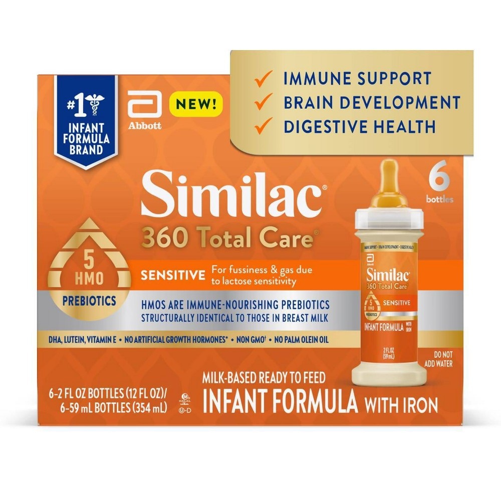 slide 6 of 8, Similac 360 Total Care Sensitive Non-GMO Ready to Feed Infant Formula Bottles Each/, 6 ct; 2 fl oz