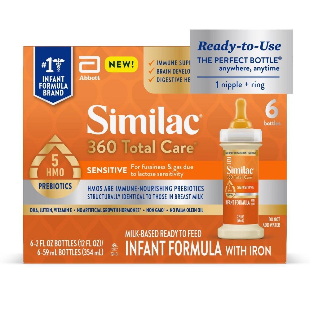 slide 7 of 8, Similac 360 Total Care Sensitive Non-GMO Ready to Feed Infant Formula Bottles Each/, 6 ct; 2 fl oz