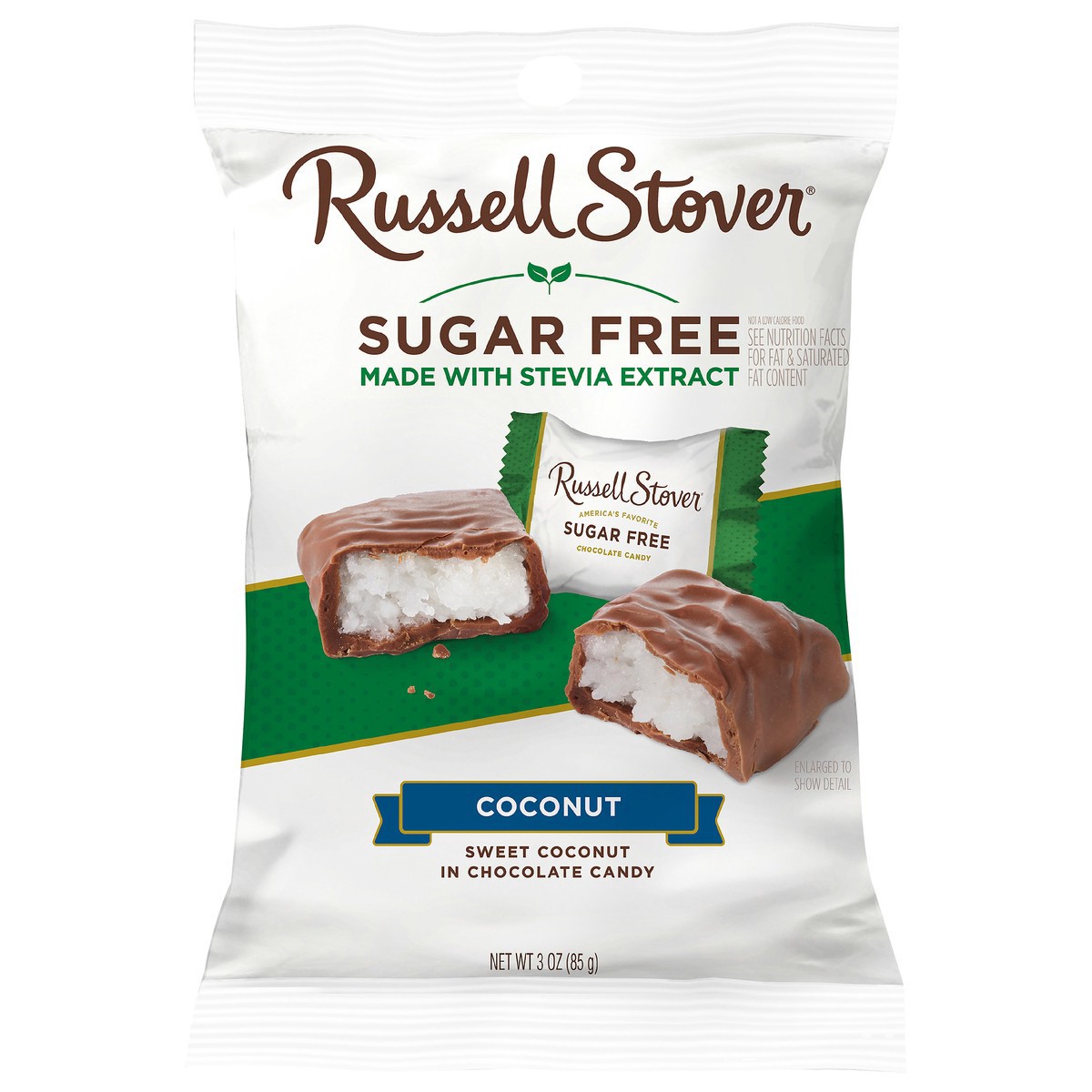 slide 1 of 8, RUSSELL STOVER Sugar Free Coconut Chocolate Candy, 3 oz. bag (≈ 6 pieces), 3 oz