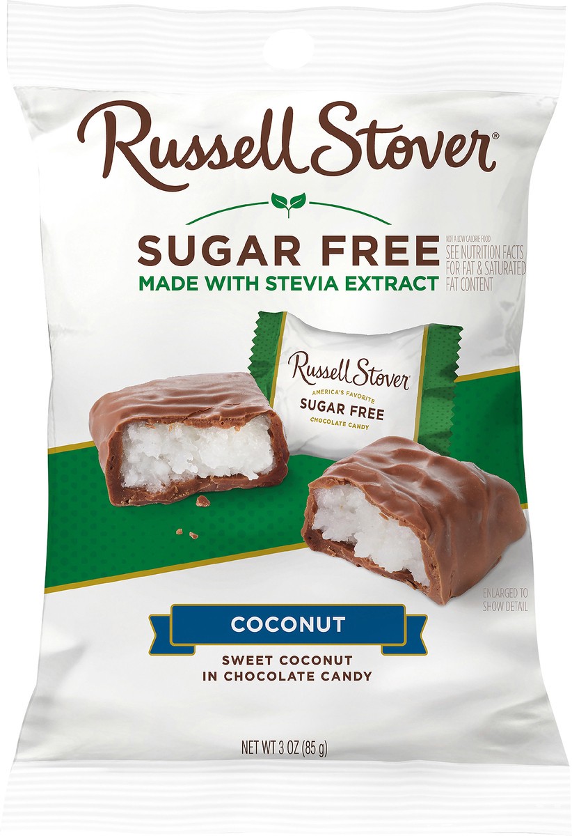 slide 7 of 8, RUSSELL STOVER Sugar Free Coconut Chocolate Candy, 3 oz. bag (≈ 6 pieces), 3 oz