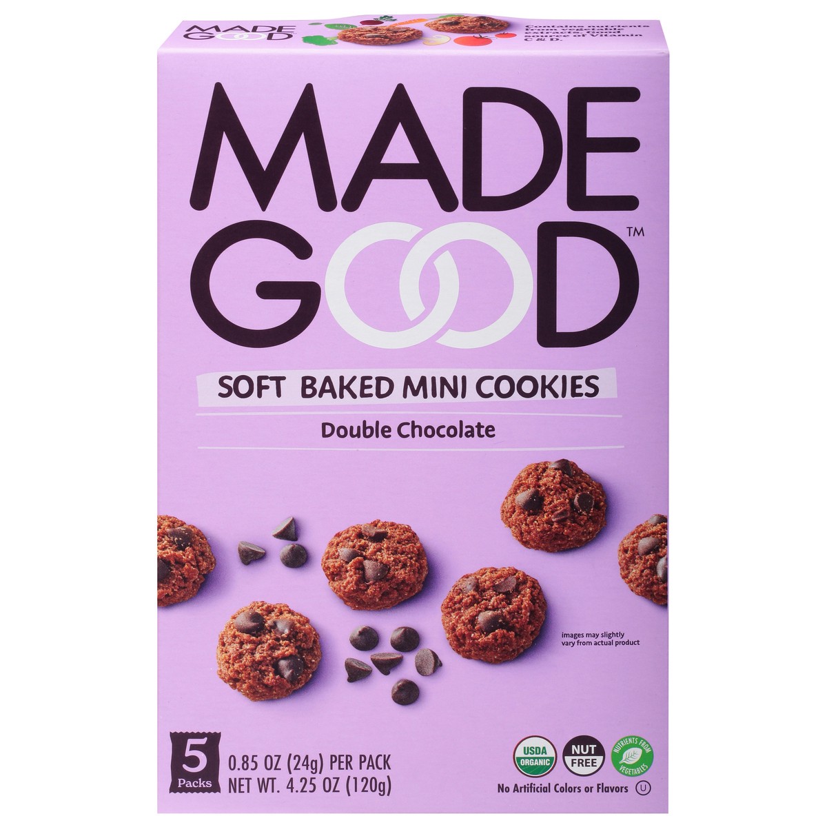 slide 1 of 10, MadeGood Soft Baked Double Chocolate Mini Cookies 5 - 0.85 oz Packs, 5 ct