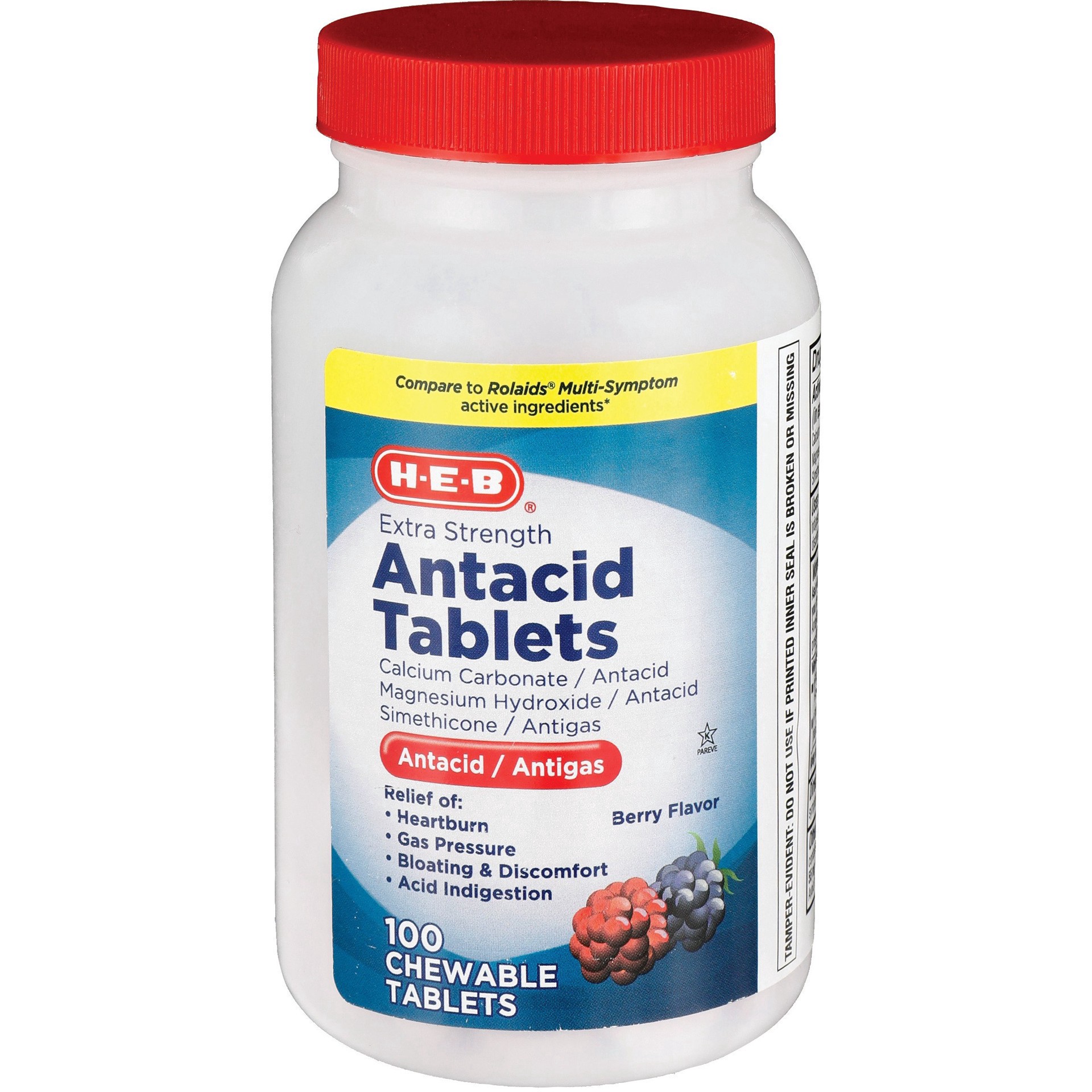 slide 1 of 1, H-E-B Multi Symptom Berry Flavor Antacid Chewable Tablets, 100 ct