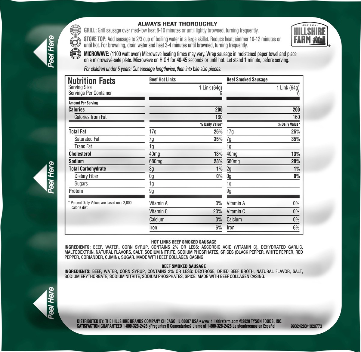 slide 5 of 6, Hillshire Farm Hot Beef Smoked Sausage Links, 6 Count, 382.72 g