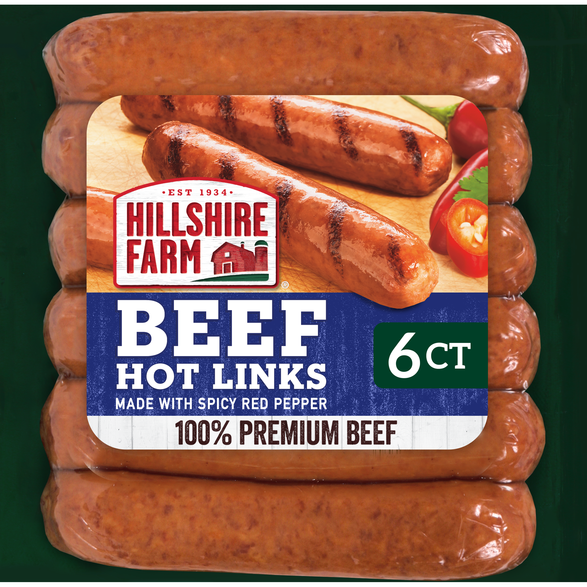 slide 1 of 6, Hillshire Farm Hot Beef Smoked Sausage Links, 6 Count, 382.72 g