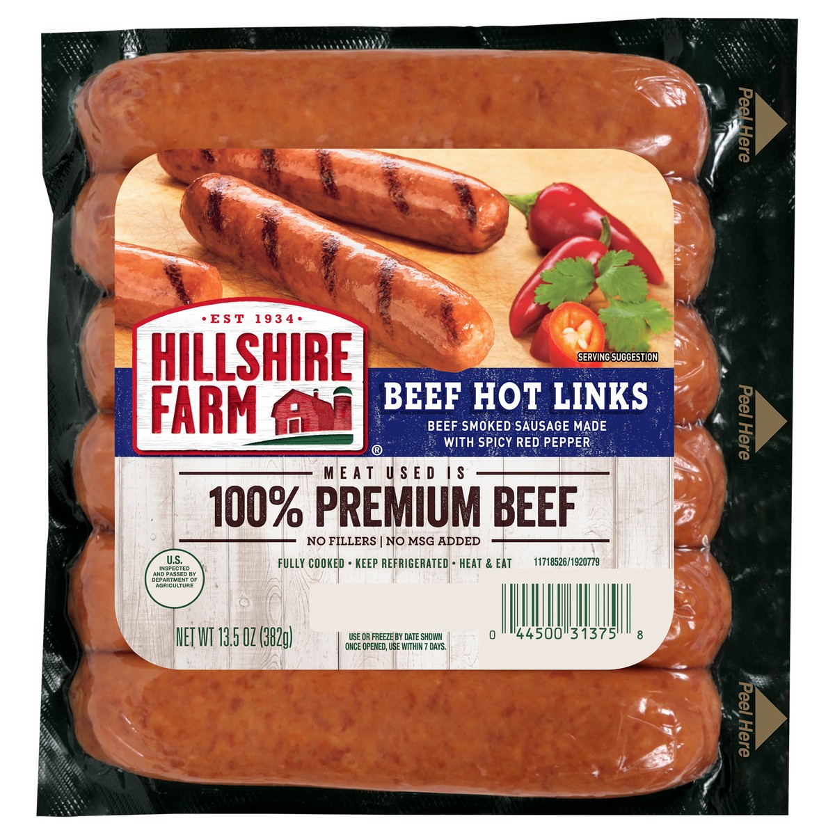 slide 1 of 6, Hillshire Farm Hot Beef Smoked Sausage Links, 6 Count, 382.72 g