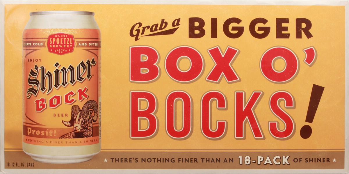 slide 9 of 9, Shiner Bock Beer, Shiner Craft Beer, 18 Pack, 12 fl oz Cans, 4.4% ABV, 141 Calories, 12.4g Carbs, 12 fl oz