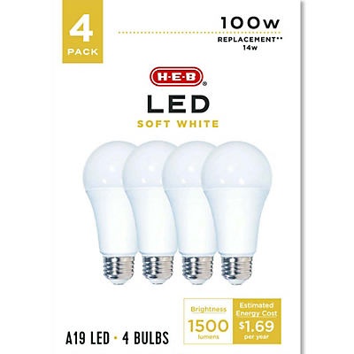 slide 1 of 1, H-E-B A19 100-Watt Soft White LED Light Bulbs, 4 ct