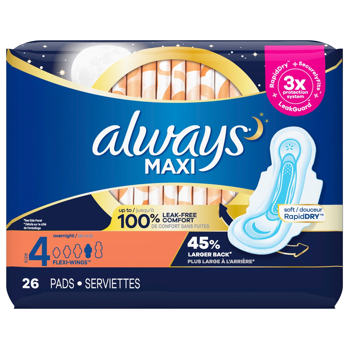 slide 1 of 1, Always Maxi Pads With Flexi-Wings Size4 Overnight, 26 ct