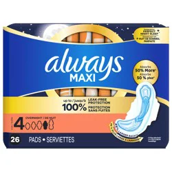 Always Maxi Overnight Pads with Wings for Women, Size 4, Overnight Absorbency, Unscented, 26 Count