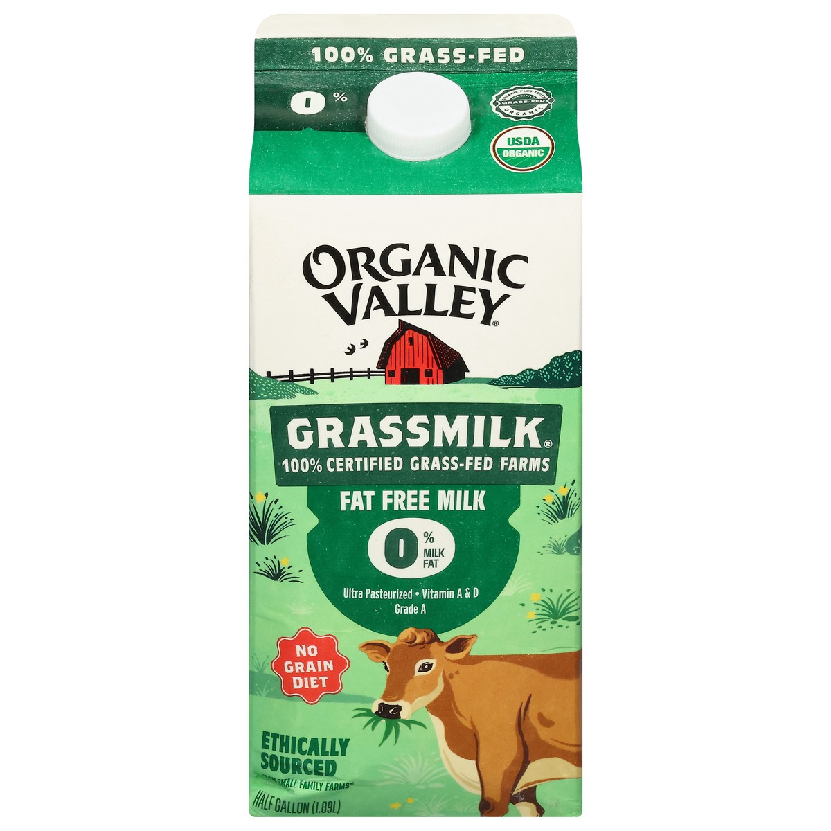 slide 1 of 11, Organic Valley Grassmilk Organic Fat Free Milk 0.5 gal, 64 fl oz