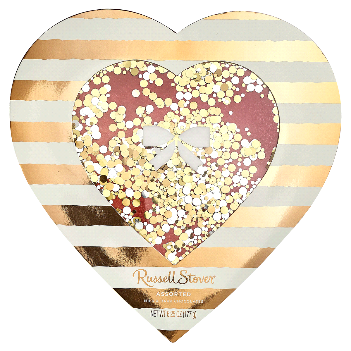 slide 1 of 1, Russell Stover Creamy Assorted Chocolate Confetti Bow Heart Shaped Box, 6.25 oz
