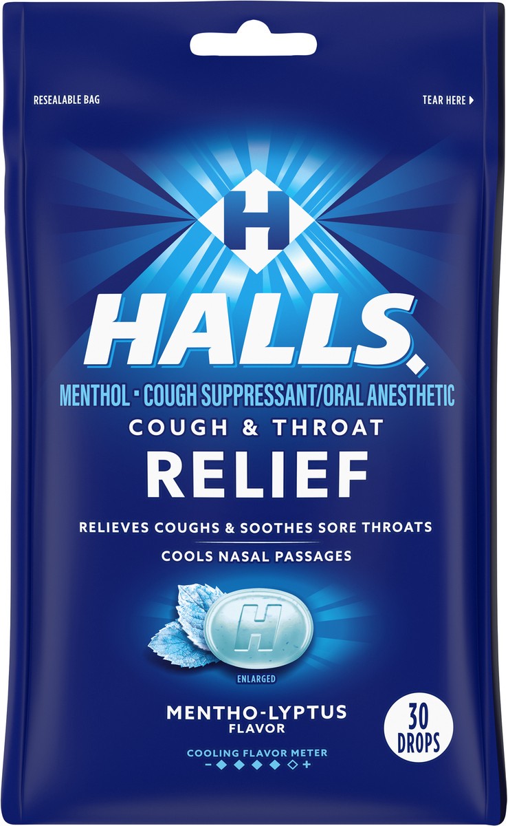 slide 6 of 9, HALLS Relief Mentho-Lyptus Cough Drops, 30 Drops, 3.28 oz