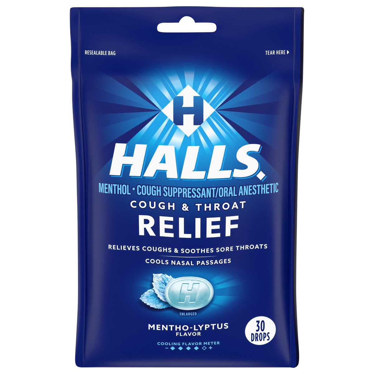 slide 1 of 9, HALLS Relief Mentho-Lyptus Cough Drops, 30 Drops, 3.28 oz