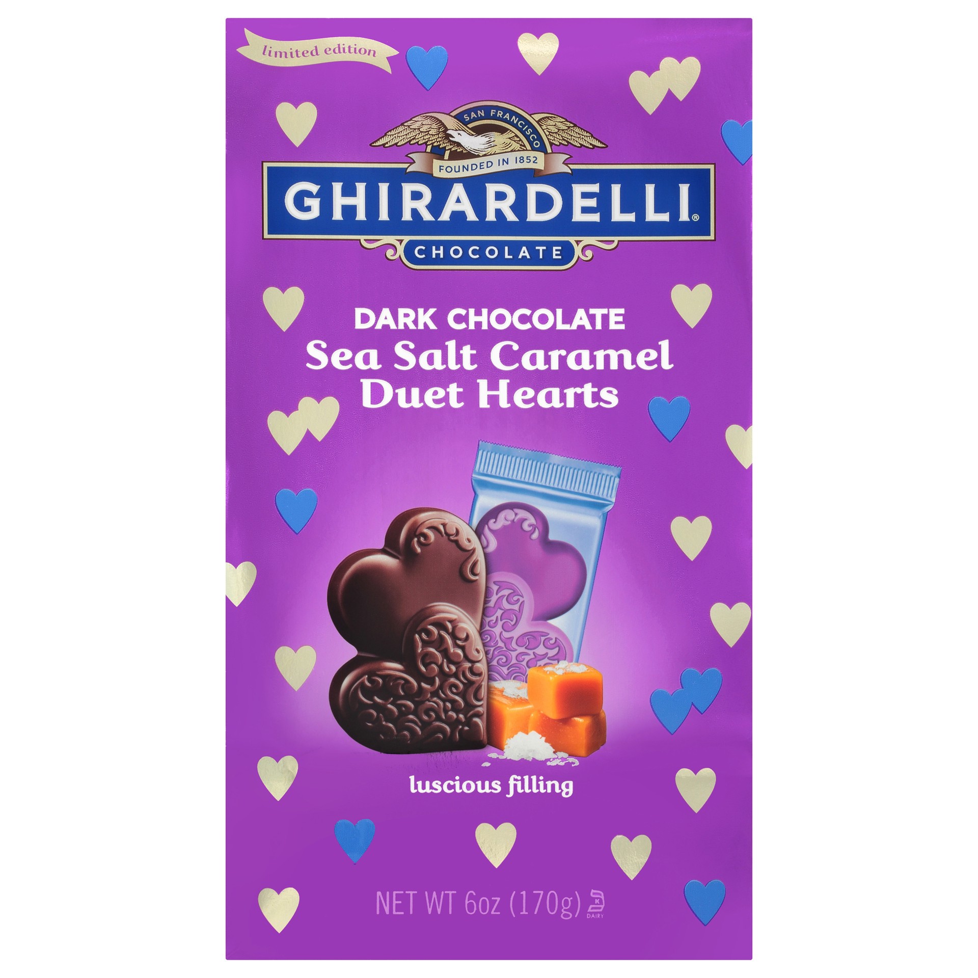 slide 1 of 4, GHIRARDELLI Dark Chocolate Sea Salt Caramel Duet Hearts, Chocolate Hearts for Valentines, 6 Oz Bag, 0.38 lb