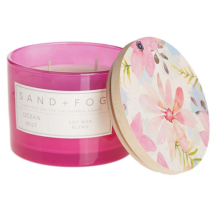 slide 1 of 1, Sand + Fog Ocean Mist Painted-Lid Jar Candle with Pink Floral Design, 12 oz