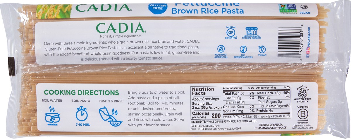 slide 14 of 14, Cadia Gluten-Free Fettuccine Brown Rice Pasta 16 oz, 16 oz