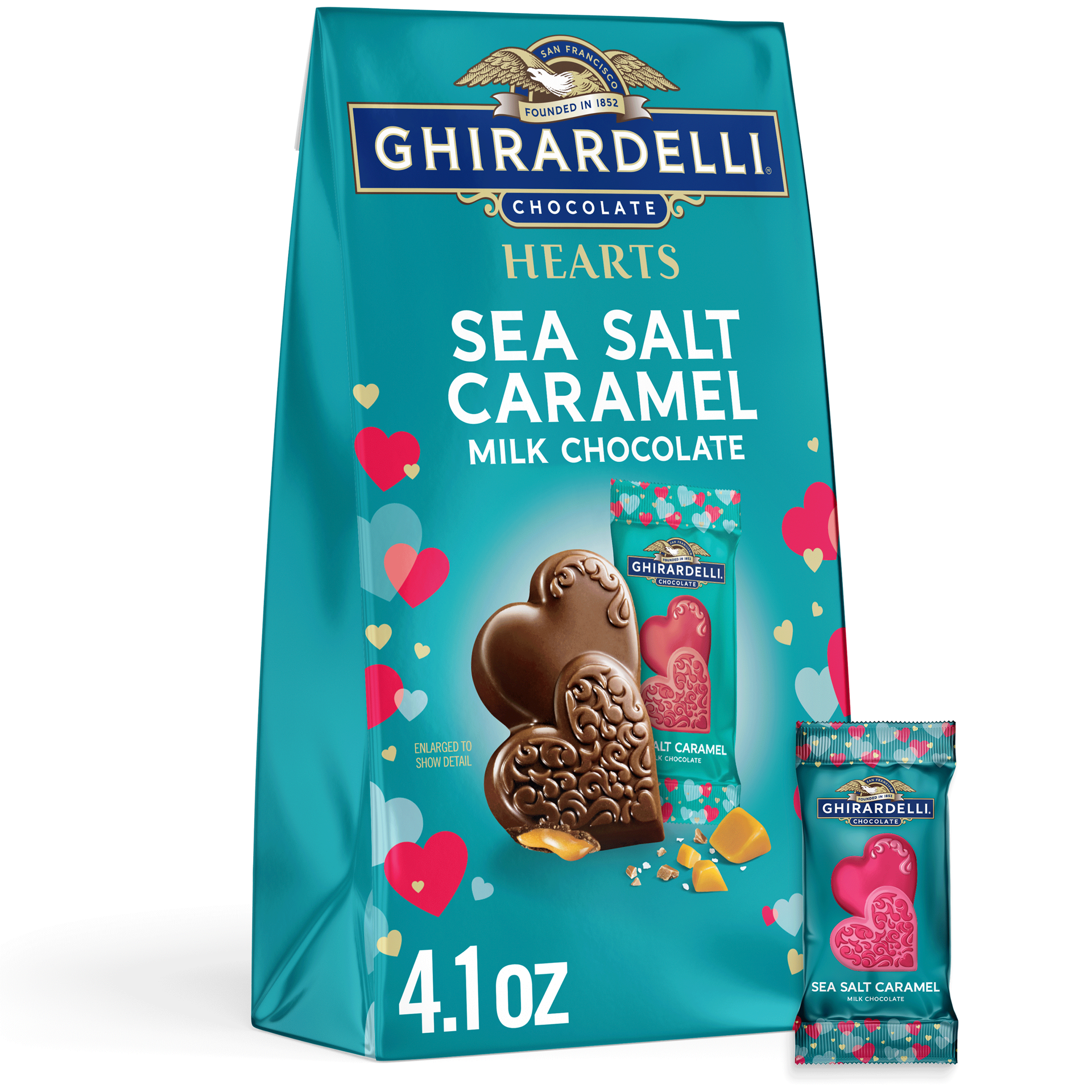 slide 1 of 5, GHIRARDELLI Sea Salt Caramel Milk Chocolate Hearts , 4.1 oz Bag, 4.1 oz