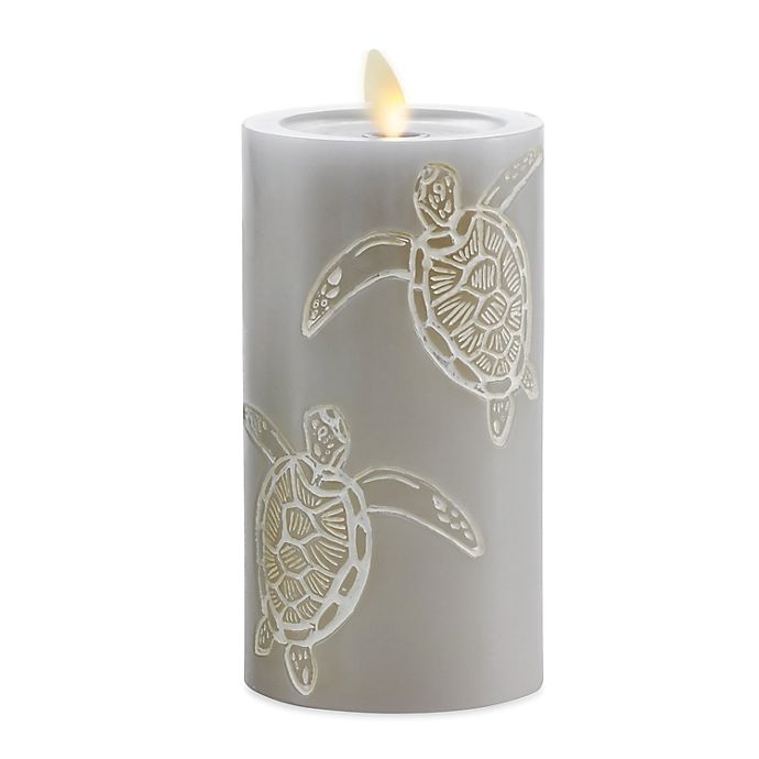 slide 1 of 3, Luminara Moving Flame Grey Turtle Real-Flame Effect Pillar Candle, 6.5 in